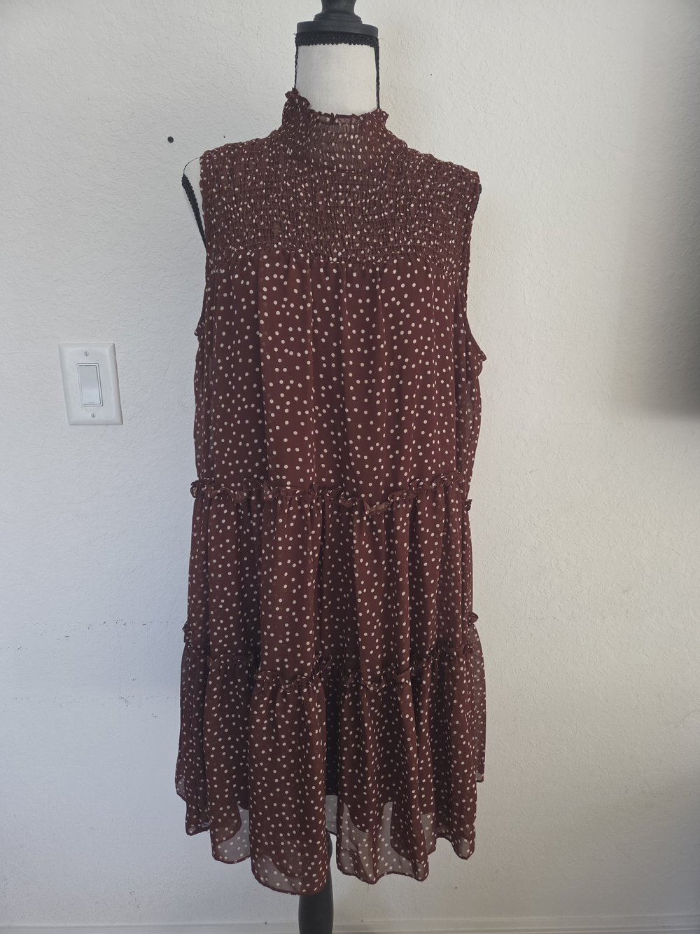Taylor Brown White Polka Dot Smocked High Neck Tiered Midi Dress Cottagecore